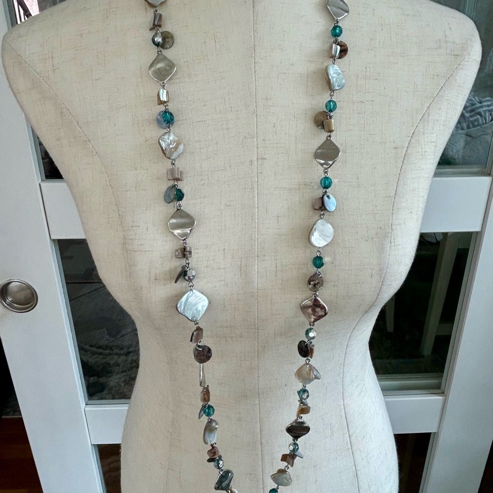 Lia Sophia Long Teal and Silver Mixed Bead Necklace